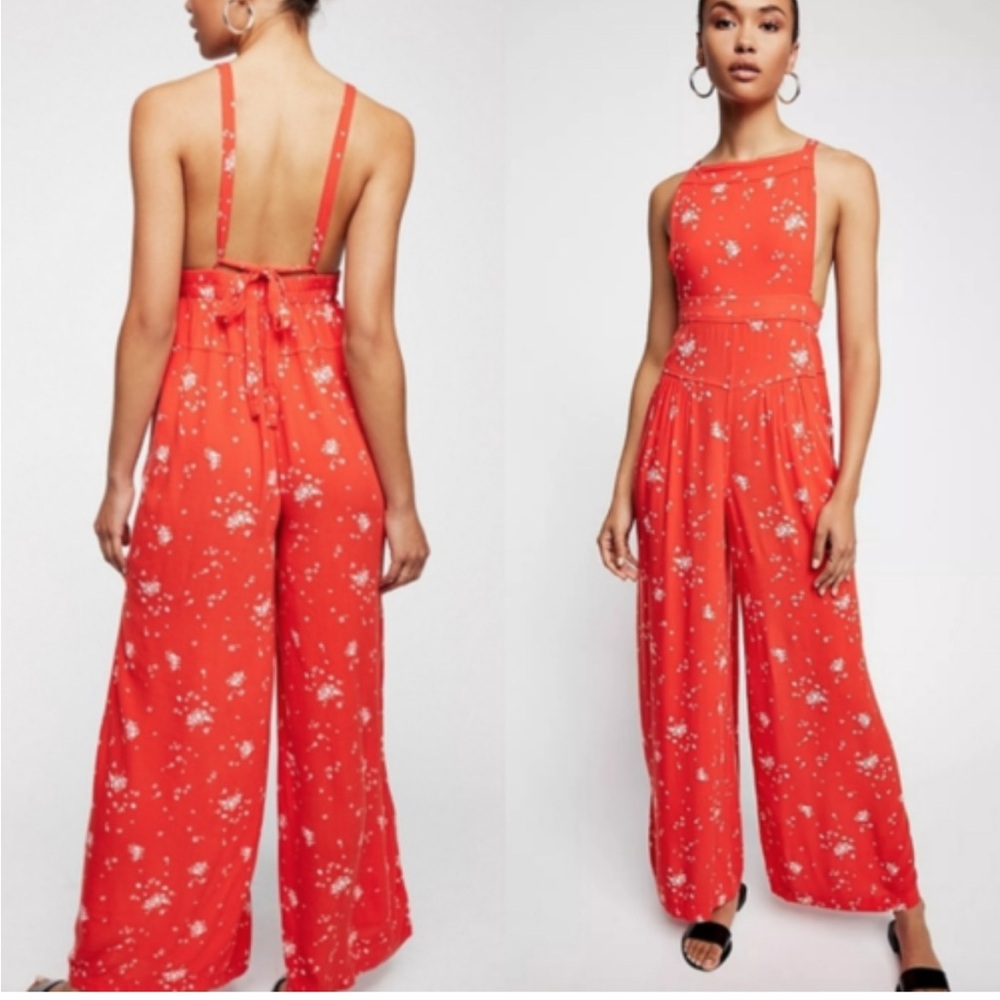 Free People Vibrant Orange Floral Jumpsuit